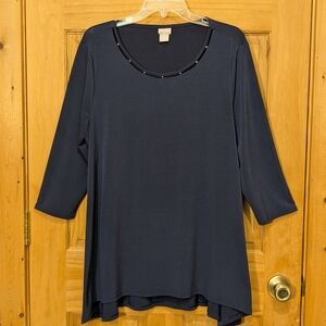 Chicos Shirt Siz 2 LG Top Navy Blue LS Blouse Embellished Casual Evening Party